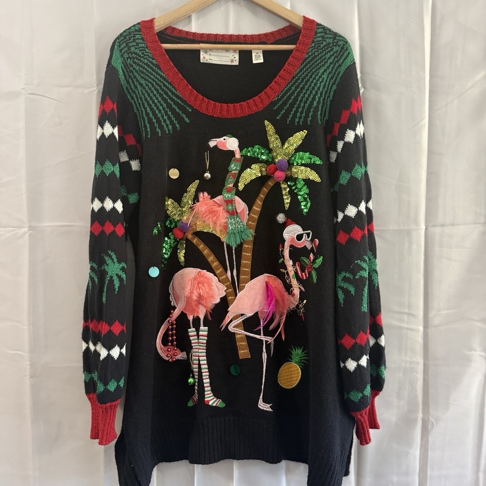 Womens Pink Feather Flamingo Ugly Christmas Sweater Palm Trees‎ 3D Sequins XL